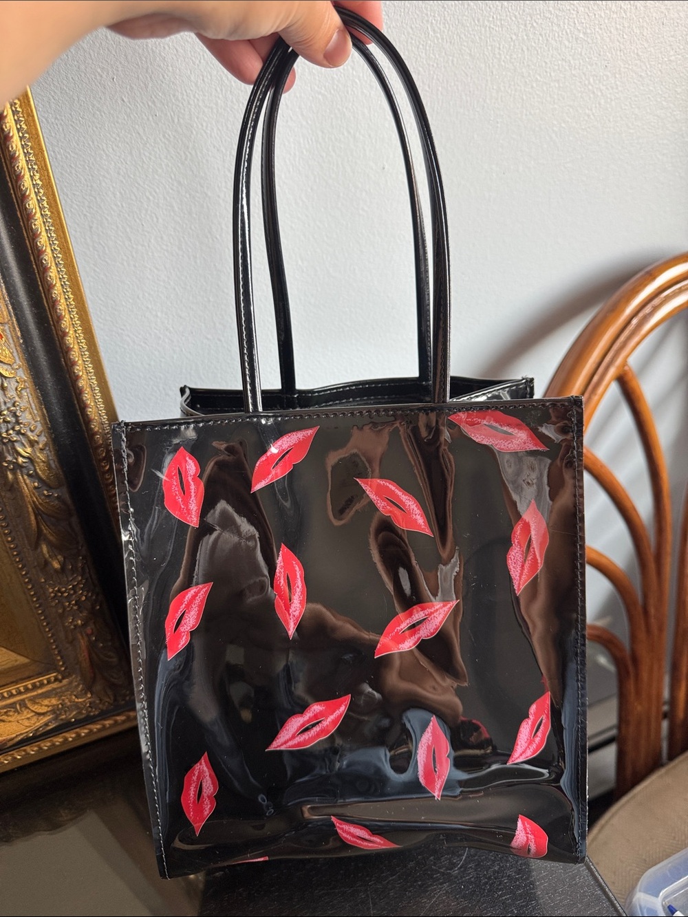 Bloomingdale’s Black Patent Tote Bag with Red Lip Print